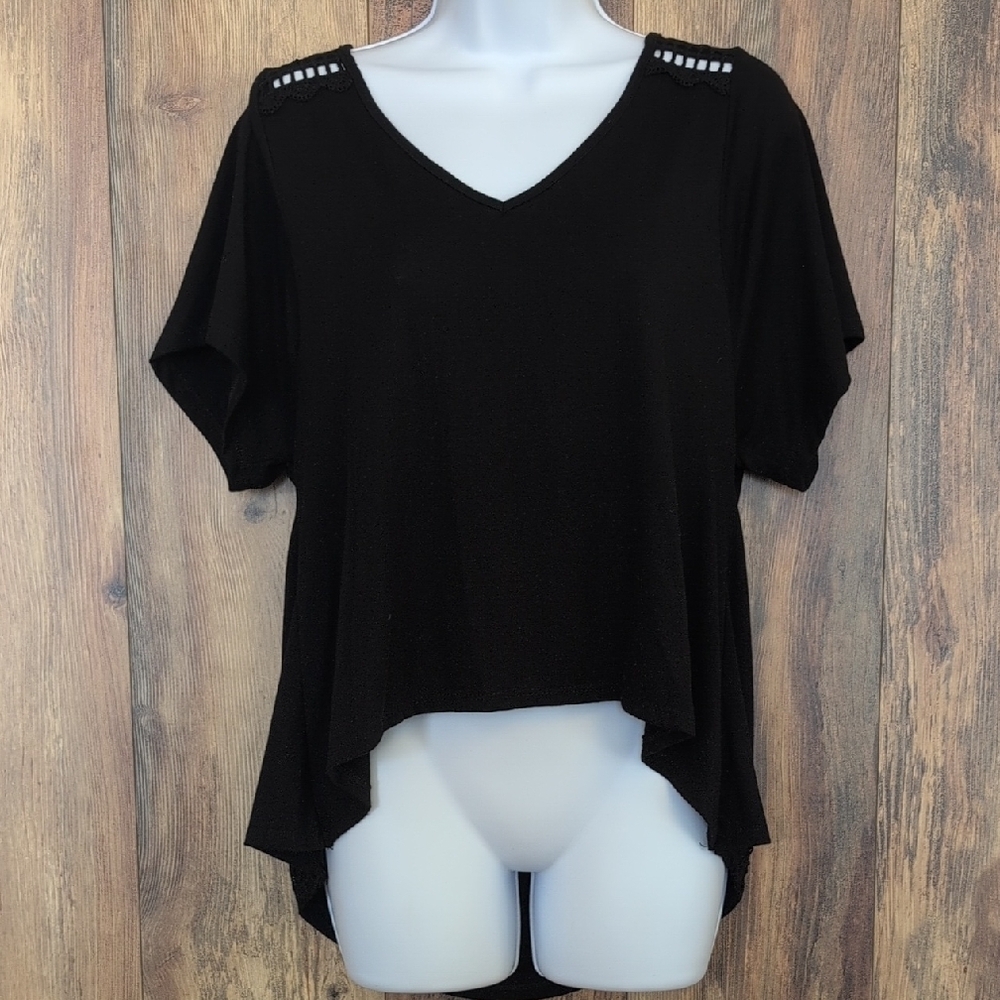 Poof Black V-Neck Blouse with Shoulder Details M D357x